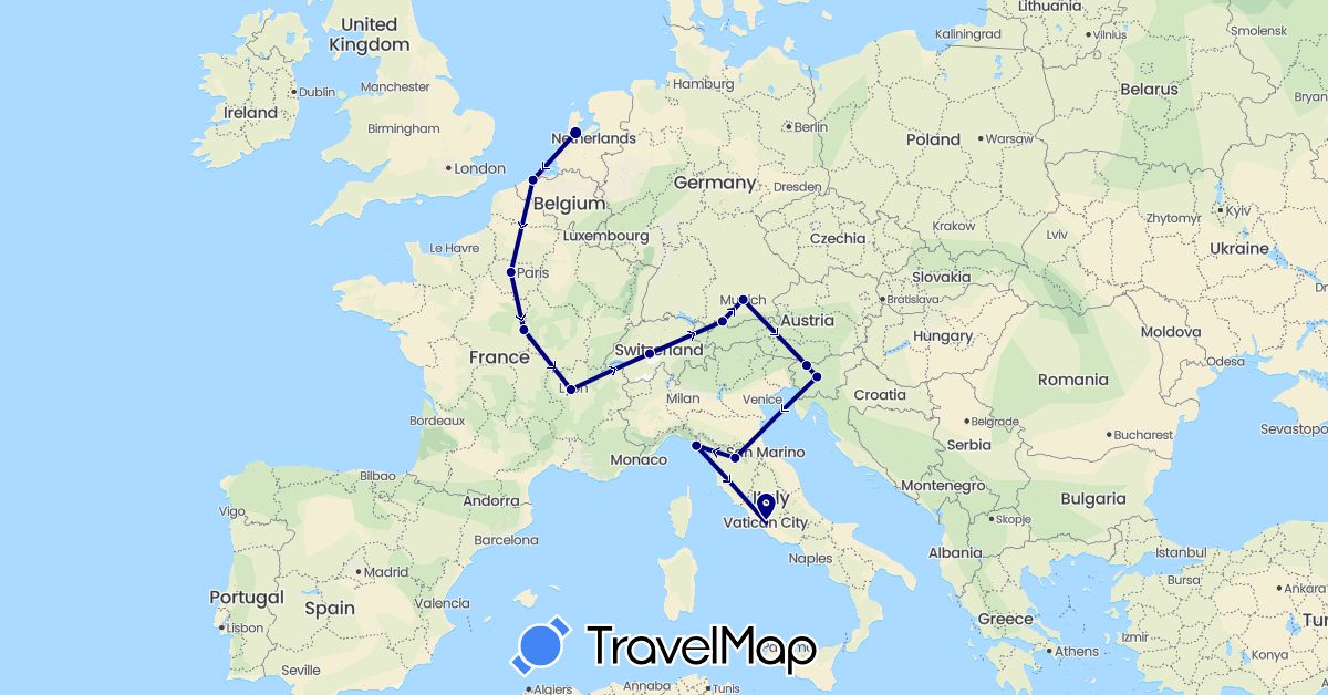 TravelMap itinerary: driving in Belgium, Switzerland, Germany, France, Italy, Netherlands, Slovenia (Europe)
